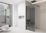 8mm Tinted Grey Shower Screen Enclosure – Black Trim, Walk-In Wet Room with Flipper Panel