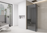 8mm Tinted Grey Shower Screen Enclosure – Black Trim, Walk-In Wet Room with Flipper Panel