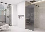 8mm Tinted Grey Shower Screen Enclosure – Black Trim, Walk-In Wet Room with Flipper Panel