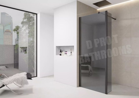 8mm Tinted Grey Shower Screen Enclosure – Black Trim, Walk-In Wet Room with Flipper Panel