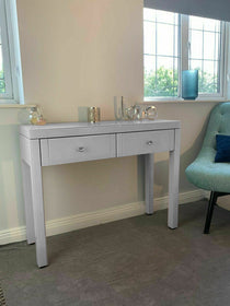 White Mirrored Dressing Table Set with Stool & Table Mirror – High-Shine Glass, Beveled Edges, and Durable MDF Frame