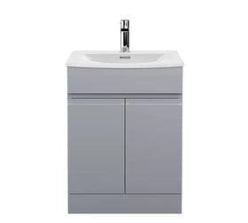 Handleless Bathroom High Gloss Light Grey Floor Standing Vanity Unit with Sink Cabinet, Basin, Storage Furniture, Door Toilet