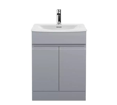 Handleless Bathroom High Gloss Light Grey Floor Standing Vanity Unit with Sink Cabinet, Basin, Storage Furniture, Door Toilet