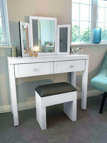 White Mirrored Dressing Table Set with Stool & Table Mirror – High-Shine Glass, Beveled Edges, and Durable MDF Frame
