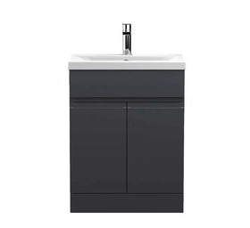 Handleless Bathroom High Gloss Dark Grey Floor Standing Vanity Unit Sink Cabinet Basin Storage Furniture Door Toilet