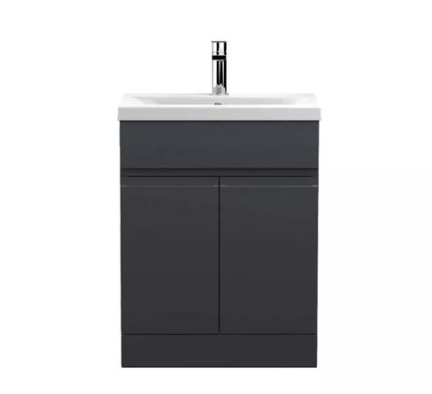 Handleless Bathroom High Gloss Dark Grey Floor Standing Vanity Unit Sink Cabinet Basin Storage Furniture Door Toilet