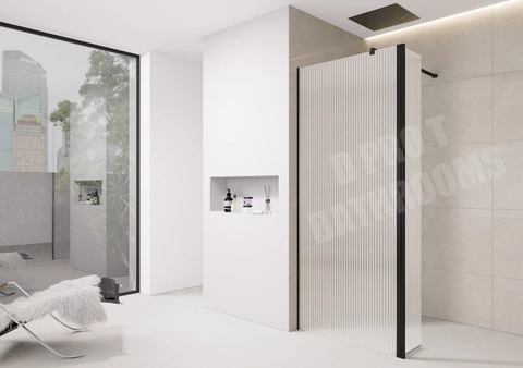Fluted Walk-In Shower Screen 8mm Tempered Easy-Clean Glass with Black Trim
