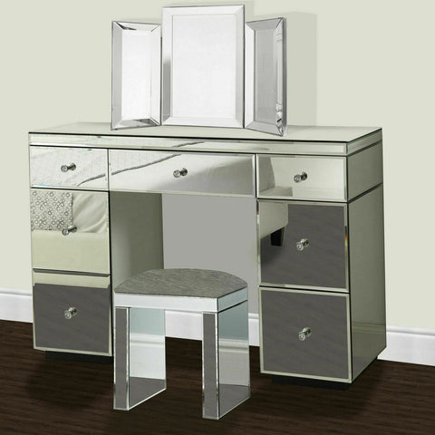 Mirrored Furniture Glass Dressing Table With Drawer Console Bedroom With Bevelled Mirror and Stool